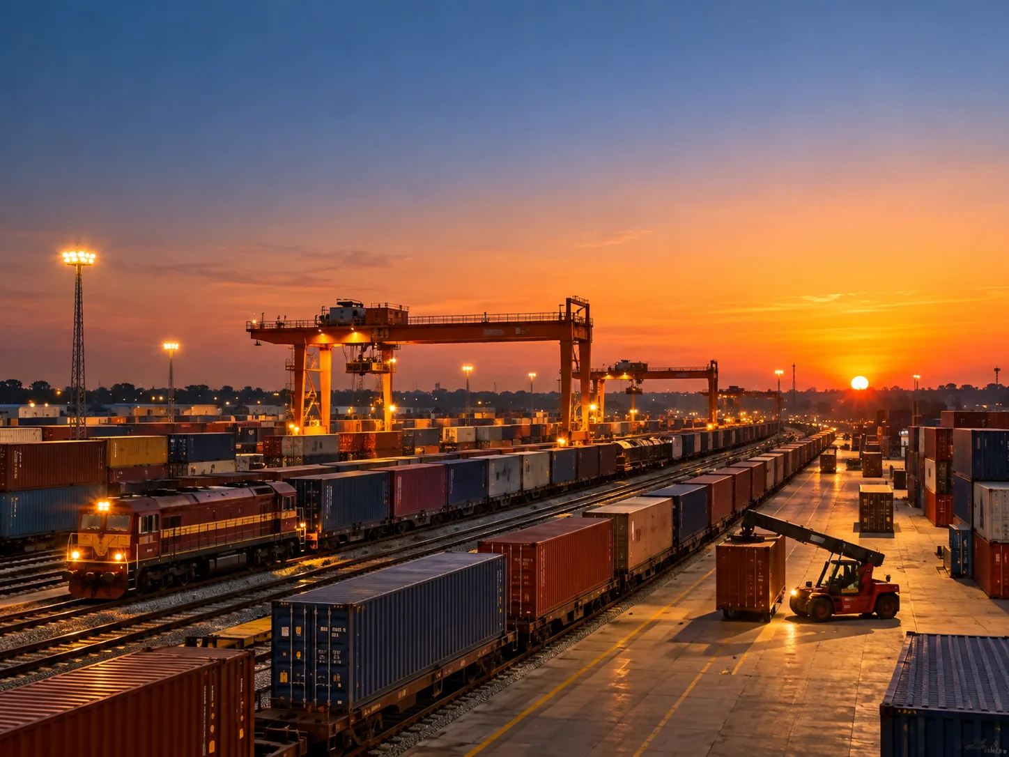 Heavy container freight train on rail line connecting Indian logistics corridors