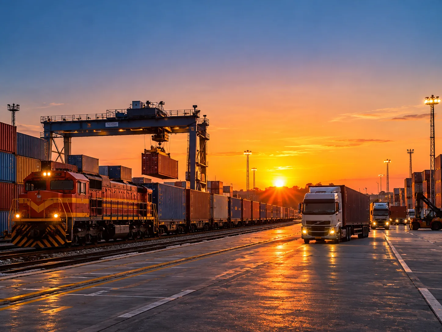 Multimodal freight logistics combining container trucks and rail cargo across India